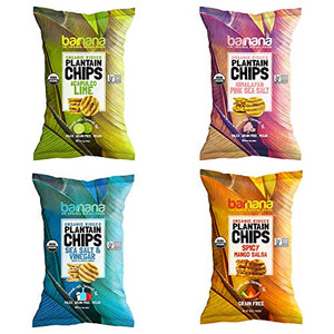 Organic Plantain Chips Variety Pack: Himalayan Sea Salt, Acapulco Lime, Sea Salt & Vinegar, Spicy Mango Salsa