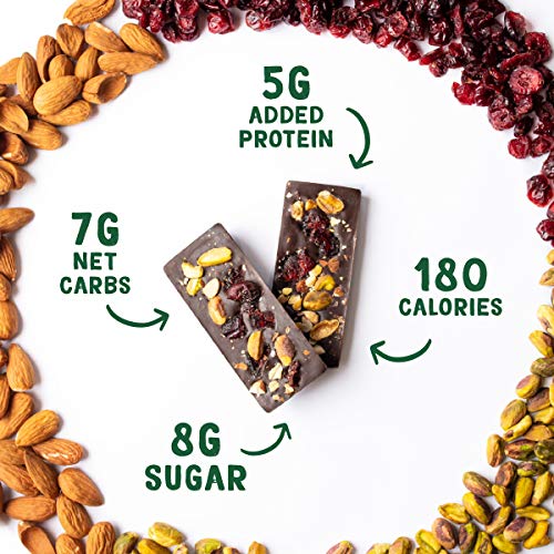 Guilt-Free Dark Chocolate Bar: Pistachios, Almonds, Cranberries, Plant Based Protein